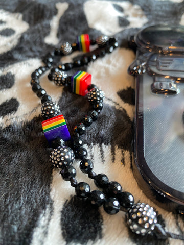 Rainbow Brite Black Beaded Phone Strap Wristlet